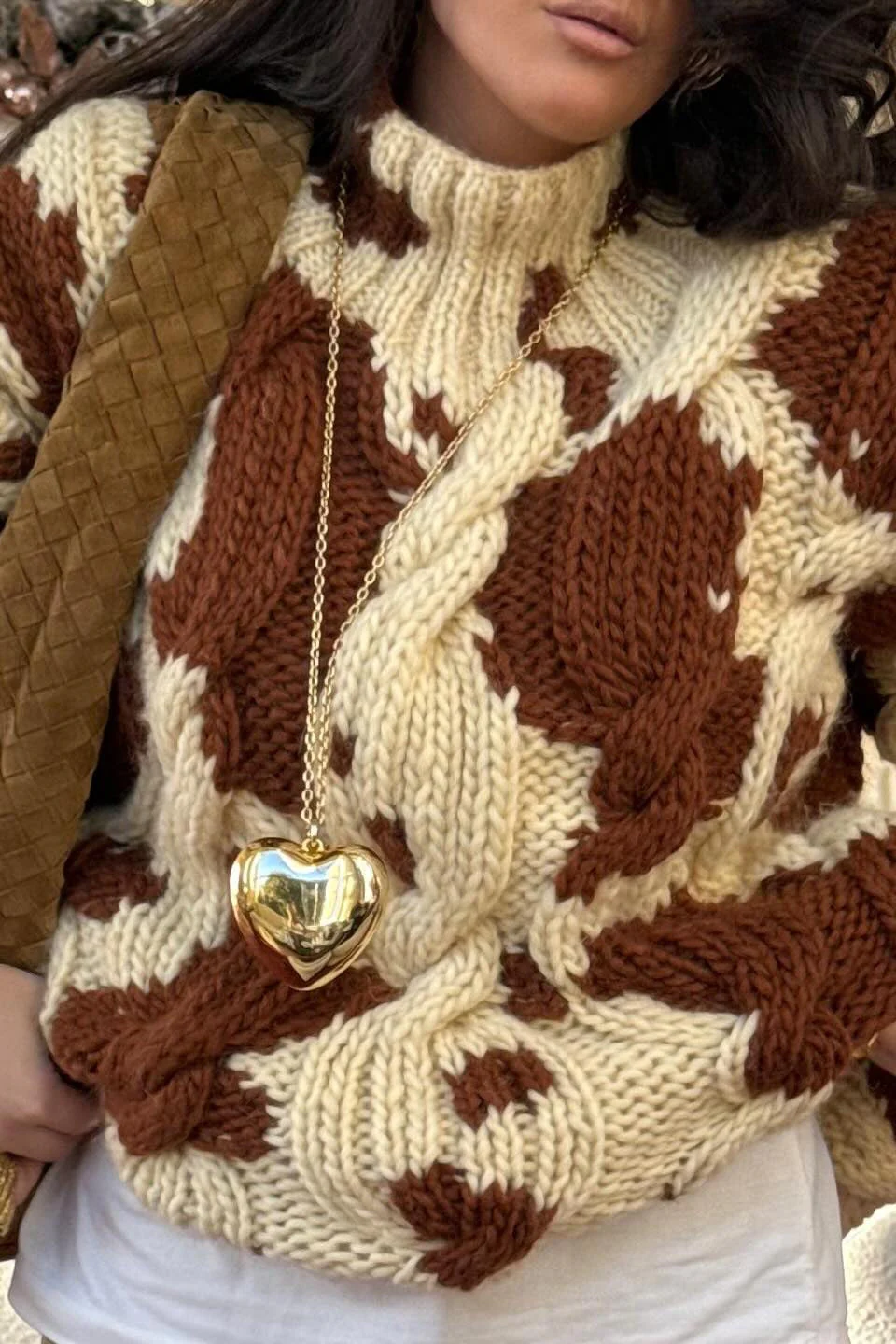 Cow Print Cable Knit Turtleneck Sweater - Image 4