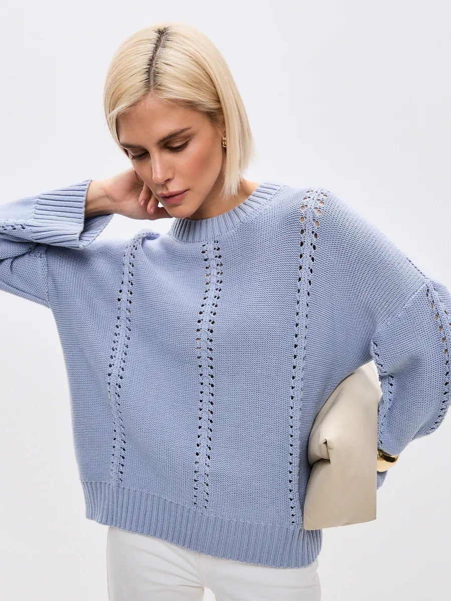 Casual Hollow Knit Crewneck Sweater - Image 10