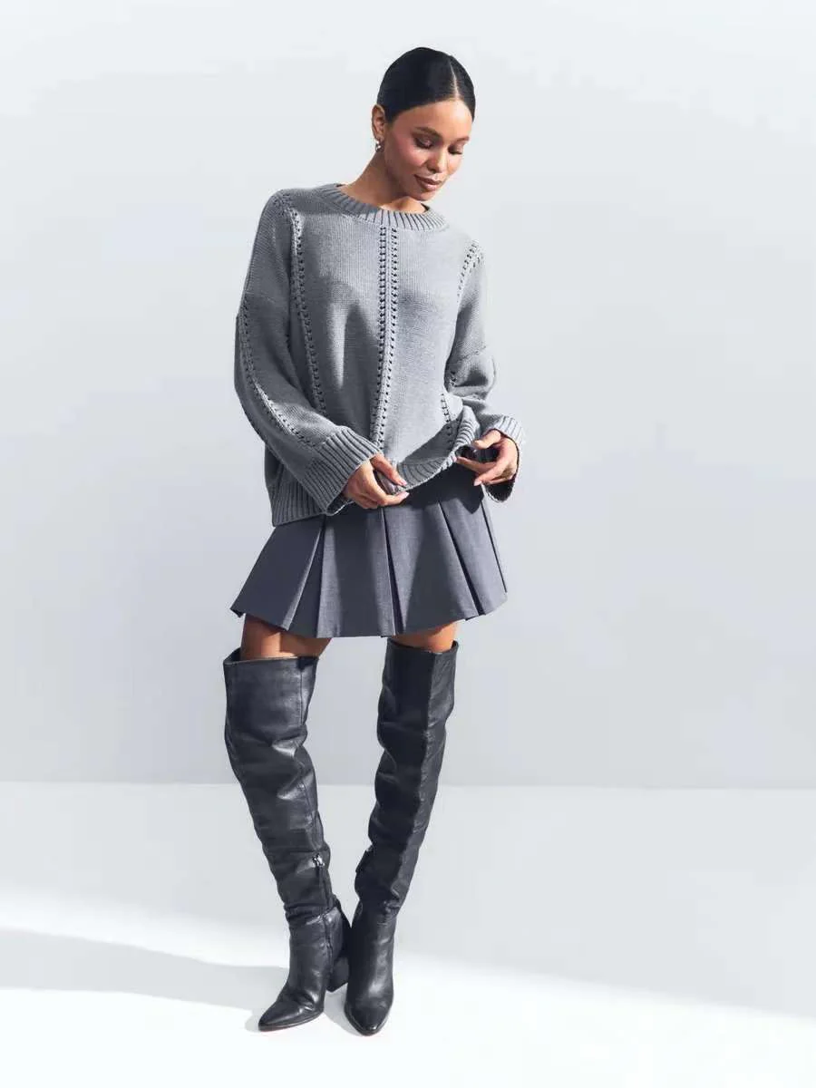 Casual Hollow Knit Crewneck Sweater - Image 3