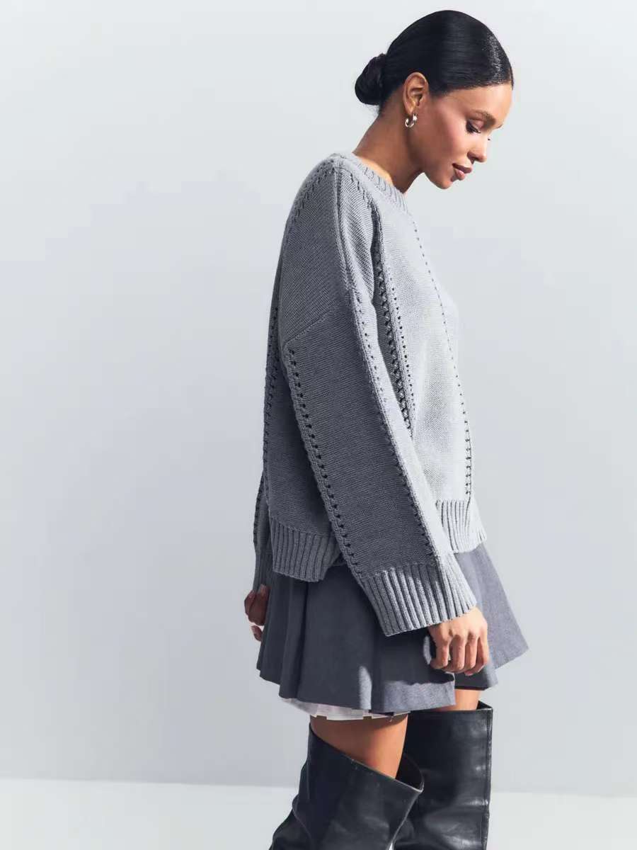 Casual Hollow Knit Crewneck Sweater - Image 4