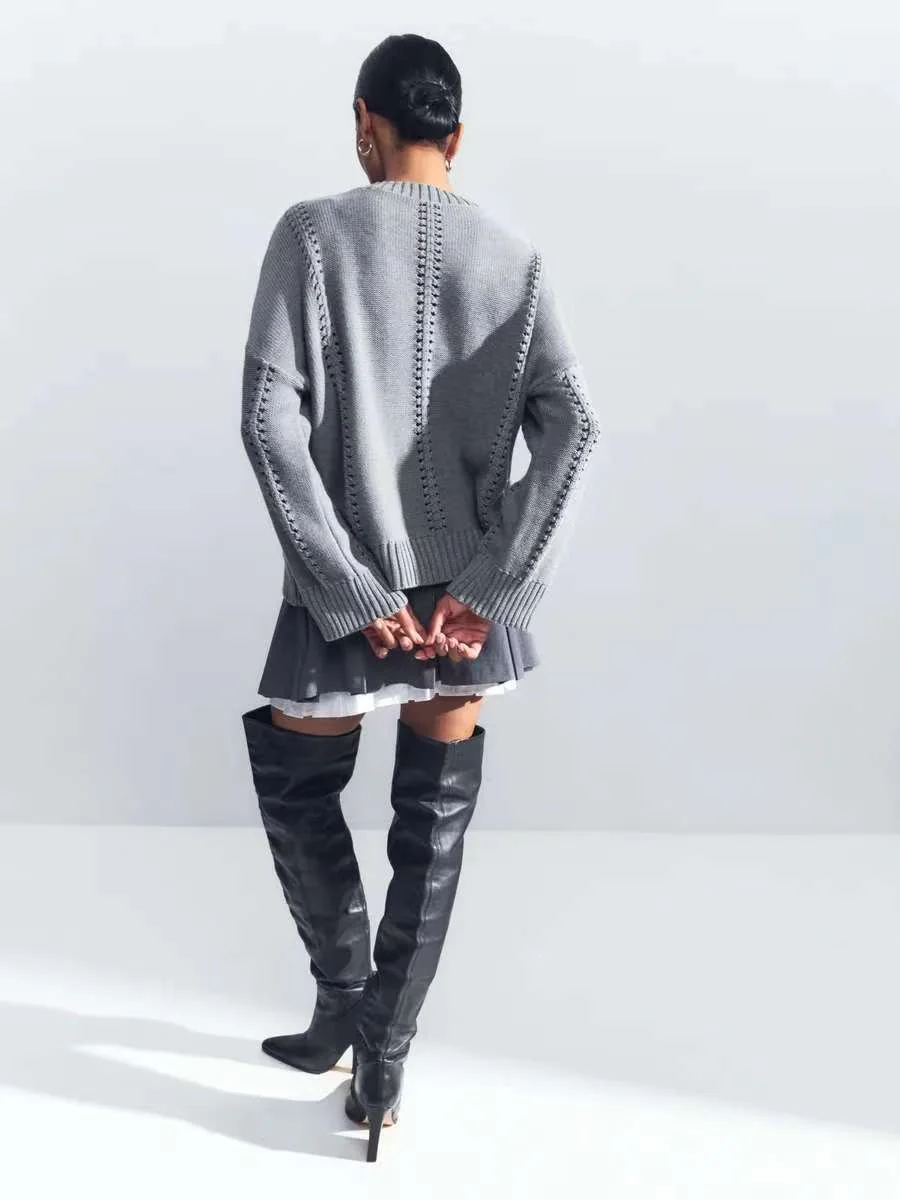 Casual Hollow Knit Crewneck Sweater - Image 5