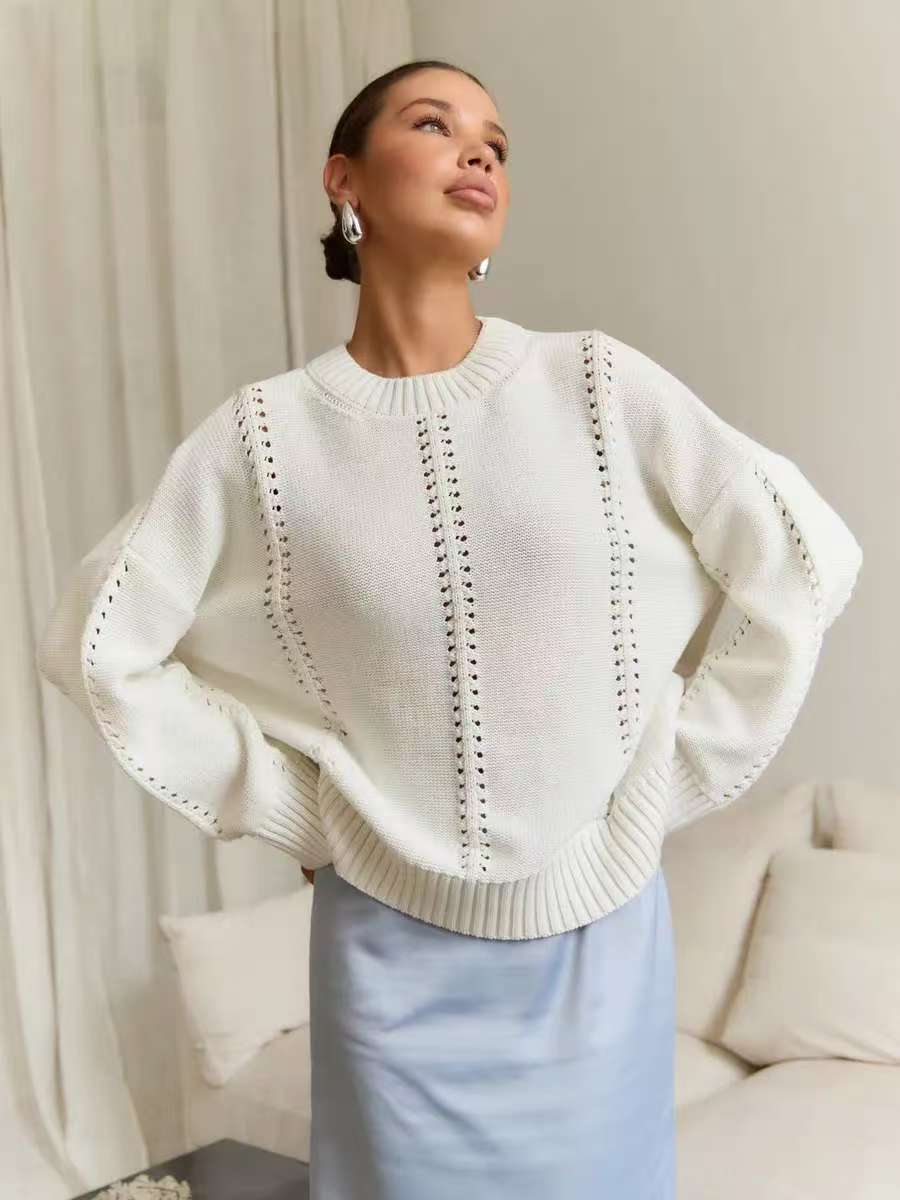 Casual Hollow Knit Crewneck Sweater - Image 7