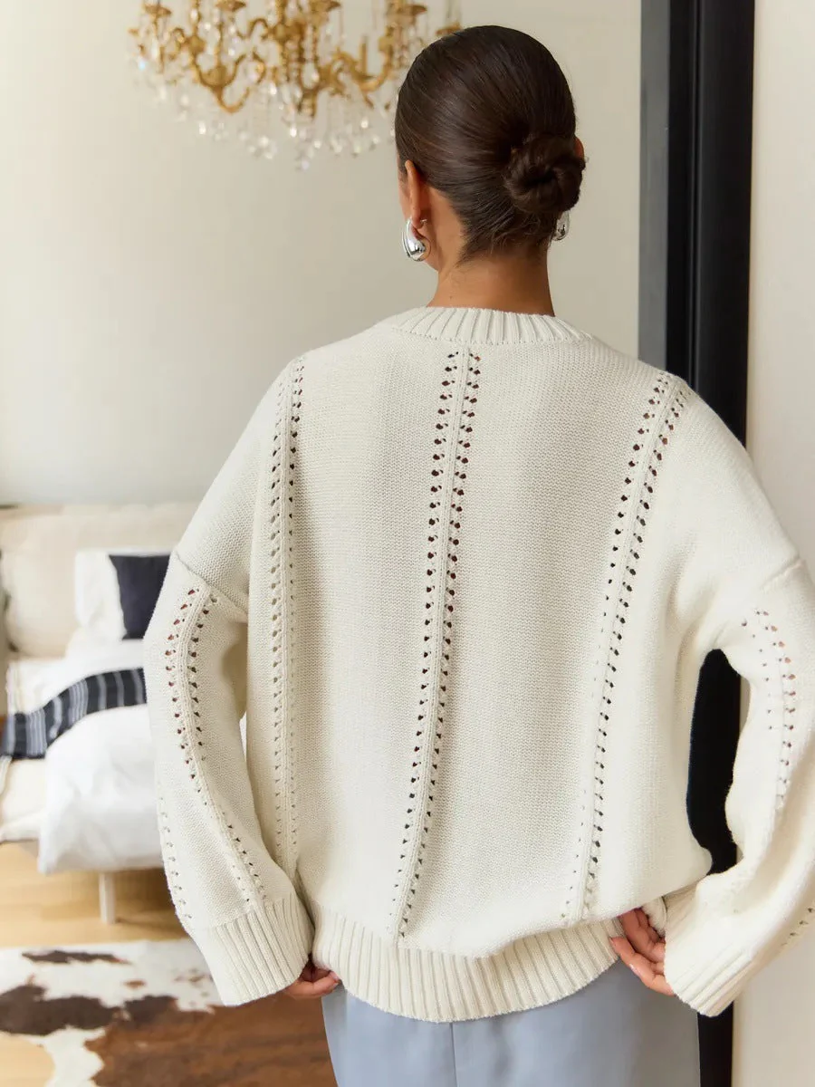 Casual Hollow Knit Crewneck Sweater - Image 8