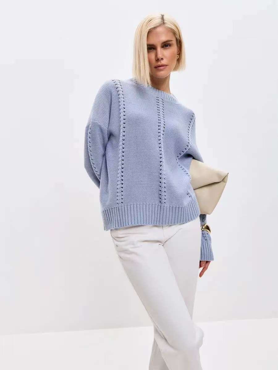 Casual Hollow Knit Crewneck Sweater - Image 9