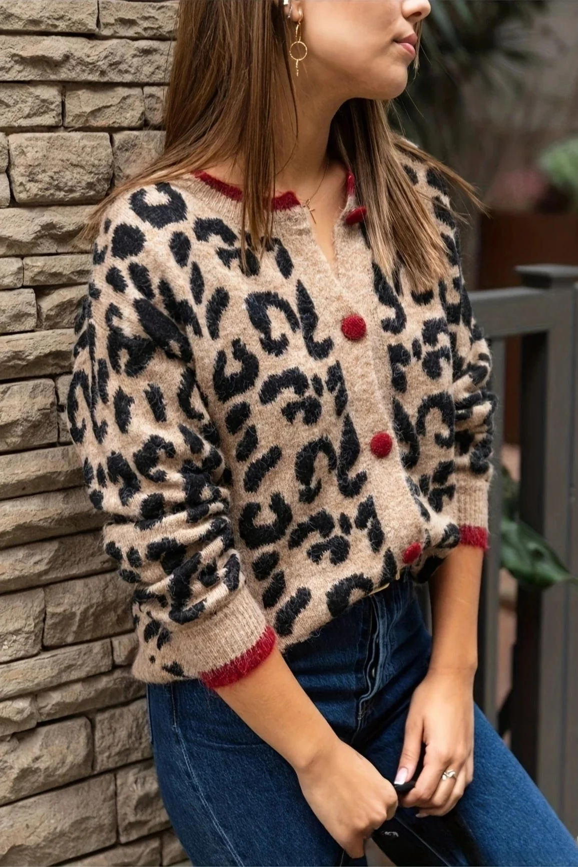 Leopard Print Crewneck Cardigan Sweater - Image 3