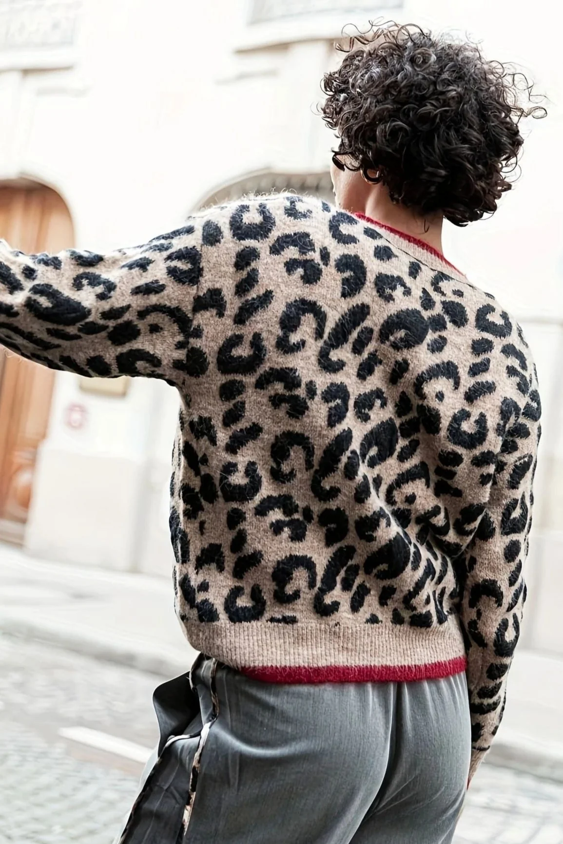 Leopard Print Crewneck Cardigan Sweater - Image 4
