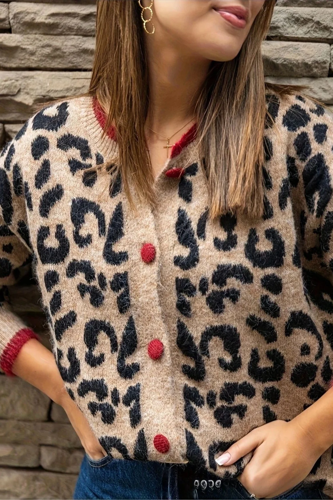 Leopard Print Crewneck Cardigan Sweater - Image 5