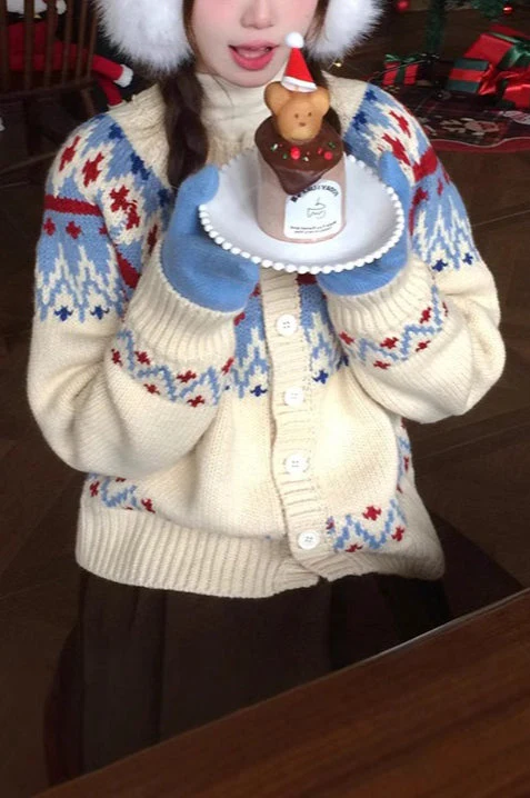 Thick Fair Isle Jacquard Cardigan Sweater - Image 5