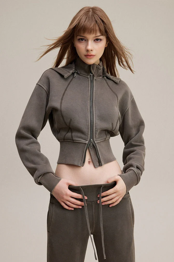 Cropped Waist Zip Up Hoodie - Image 2