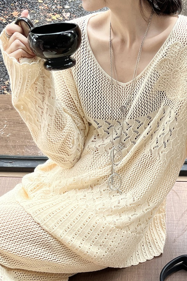 Cotton Embroidered Hollow Knit Blouse - Image 3