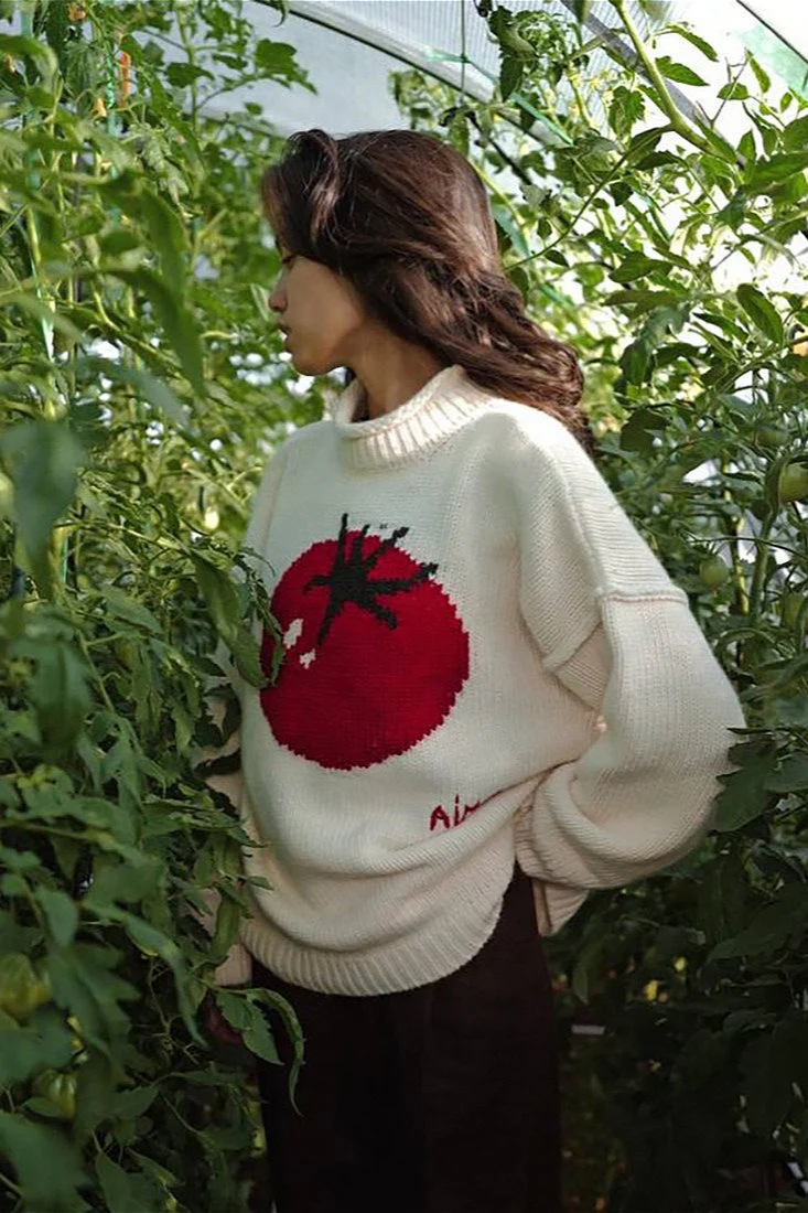 Embroidered Tomato Pattern Knit Sweater - Image 2