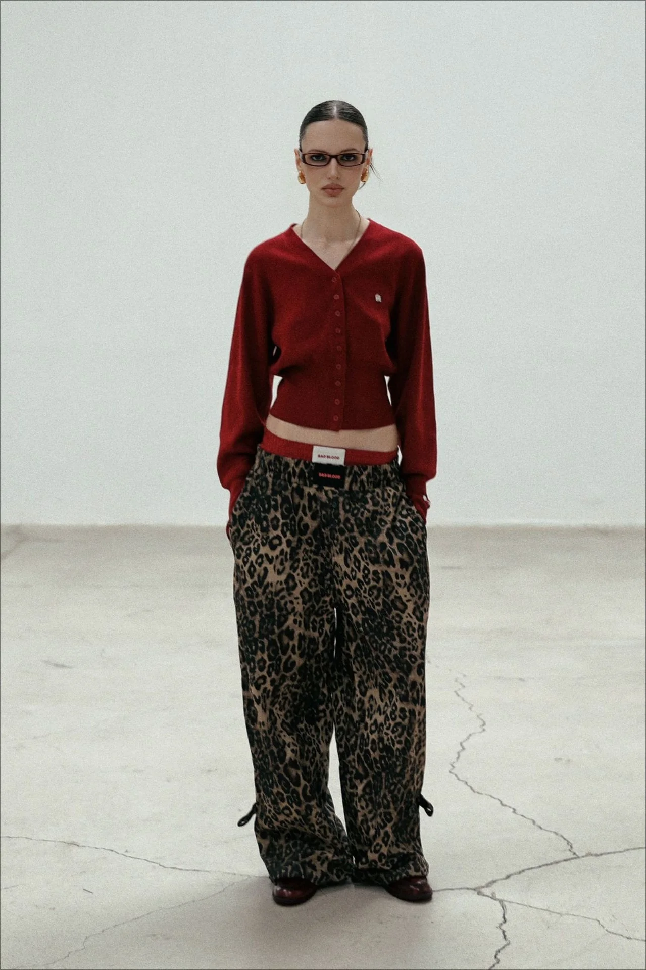 Red V Neck Knit Cardigan Blouse - Image 2