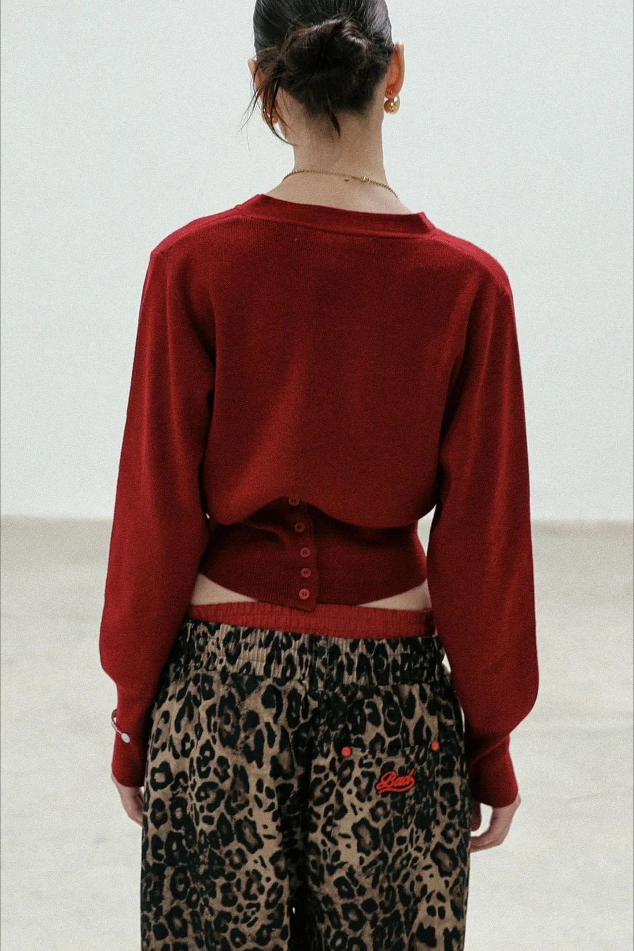 Red V Neck Knit Cardigan Blouse - Image 3