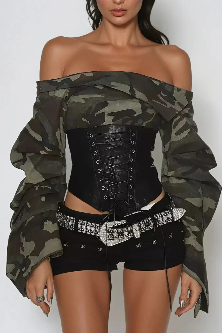 Off Shoulder Camo Print Tie Up  Blouse - Image 2