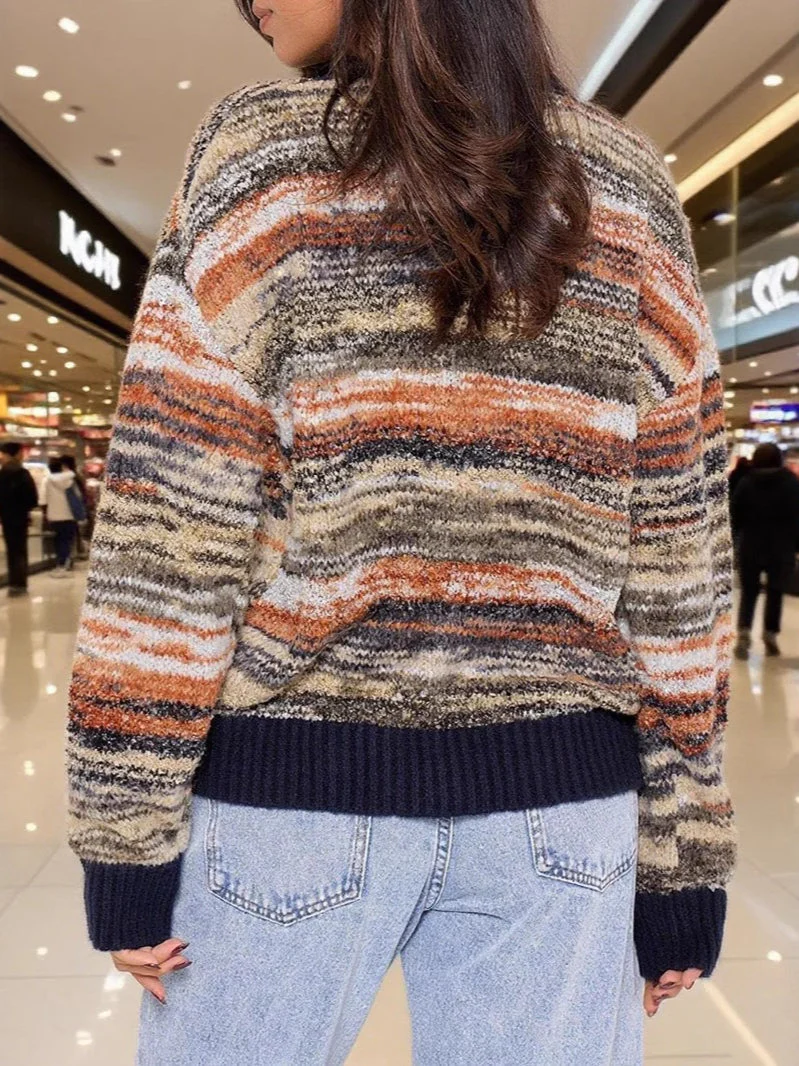 Color-Block Striped V-Neck Retro Knit Sweater - Image 2
