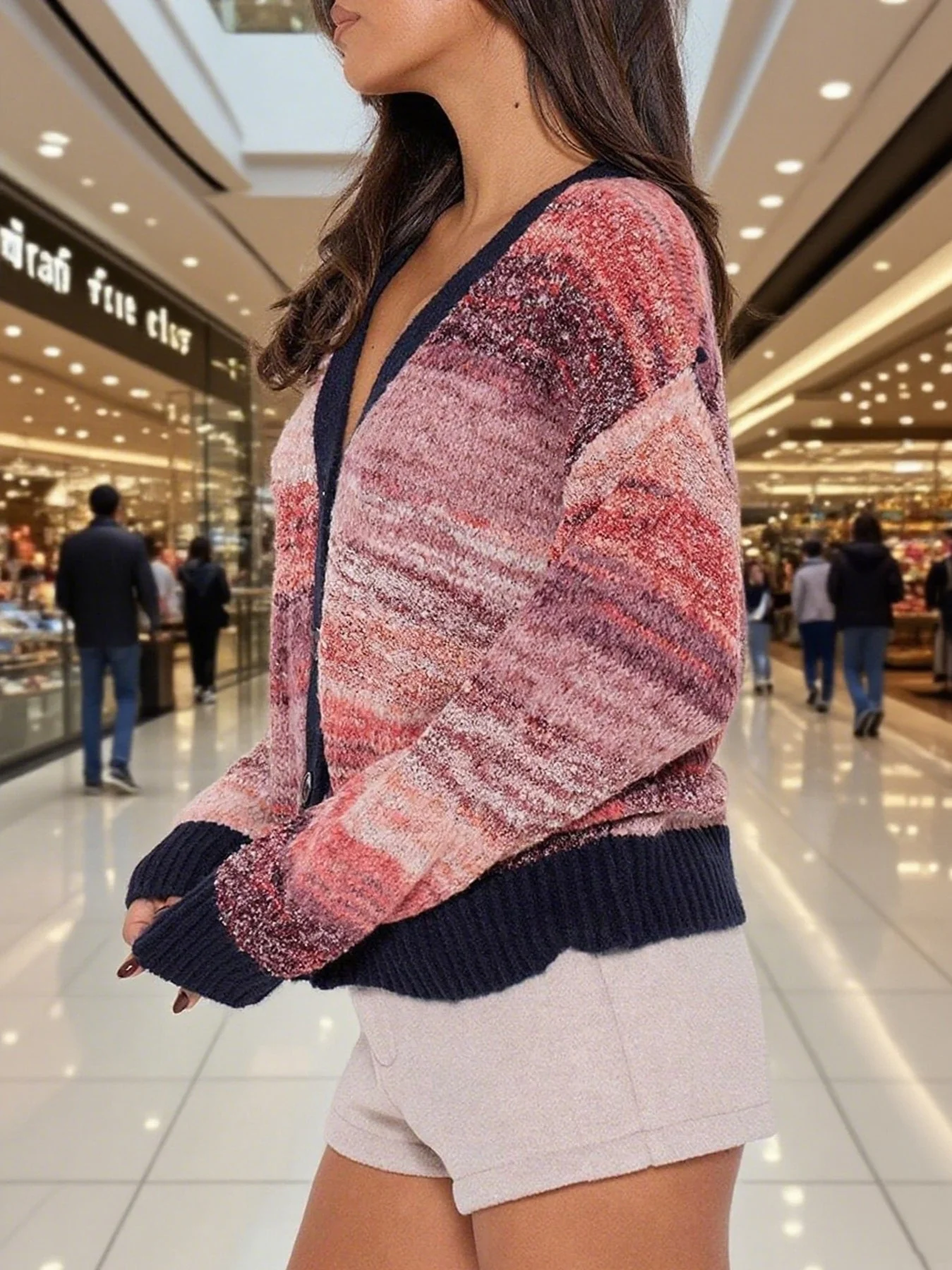 Color-Block Striped V-Neck Retro Knit Sweater - Image 5