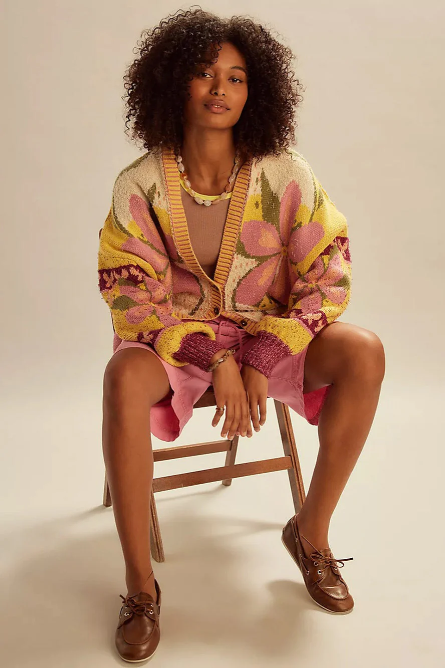 Abstract Print Lapel Long Sleeve Knit Sweater - Image 2