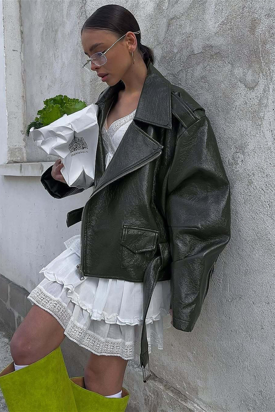 Zip Up Green Leather Moto Jacket - Image 2