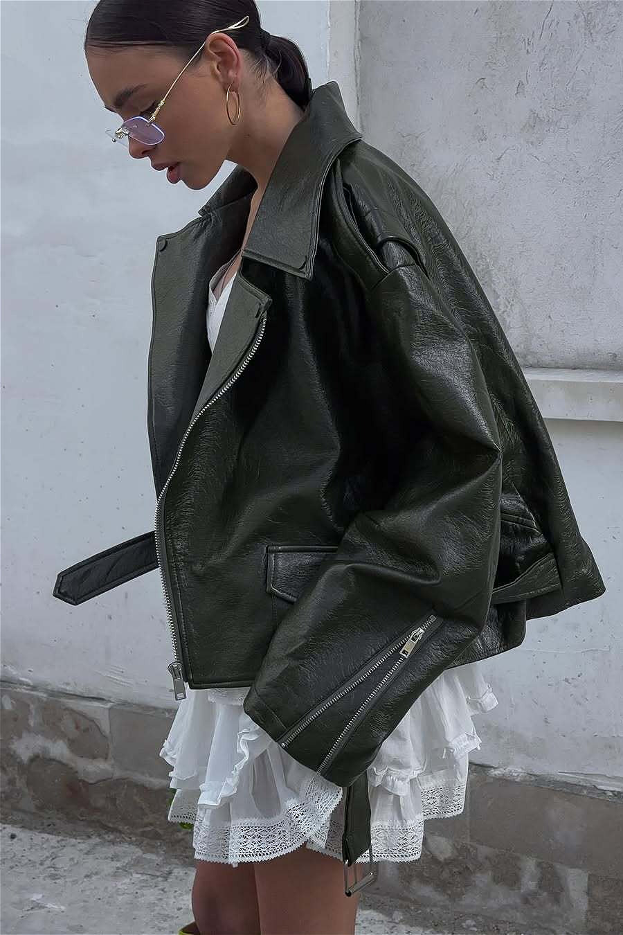 Zip Up Green Leather Moto Jacket - Image 4