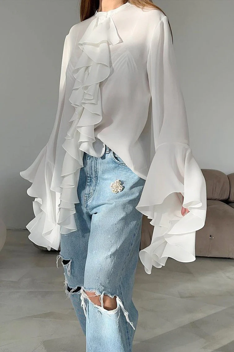 Elegant Ruffle Trim Button Blouse - Image 10