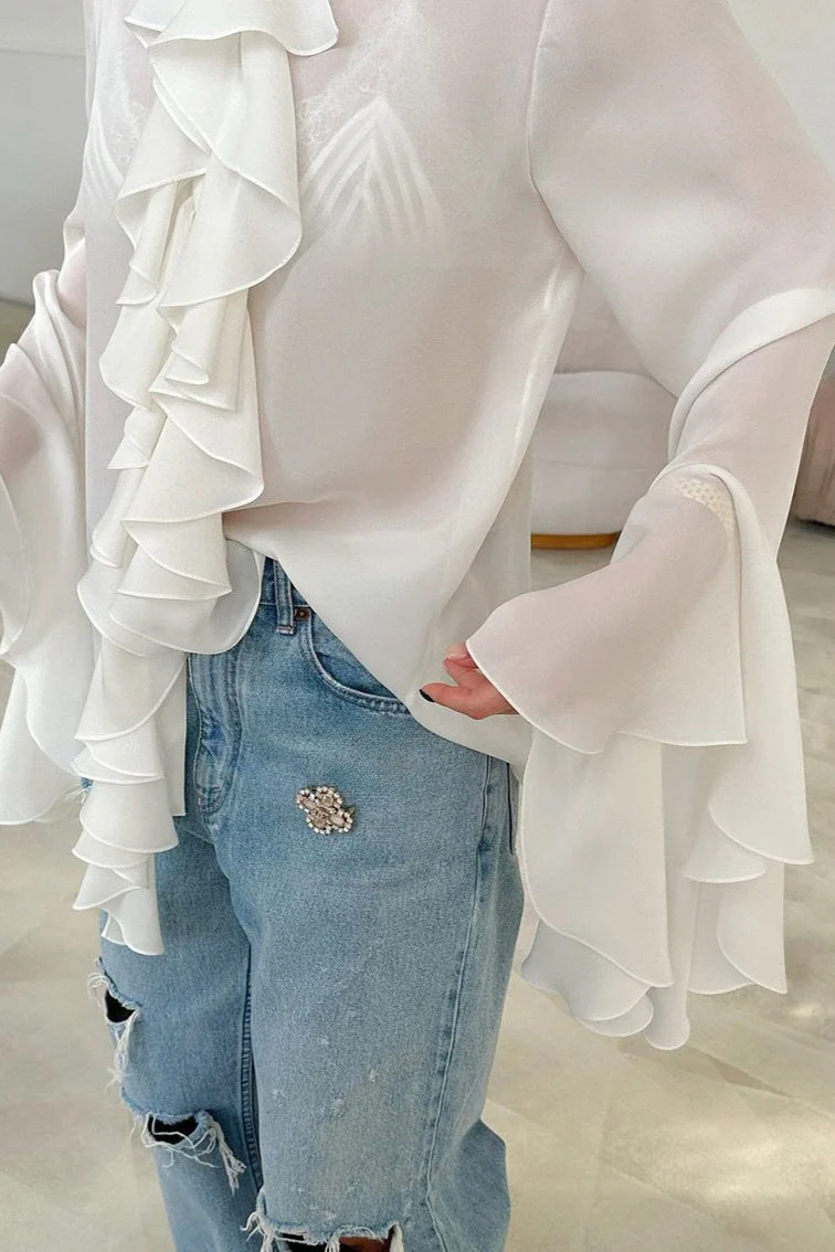 Elegant Ruffle Trim Button Blouse - Image 11