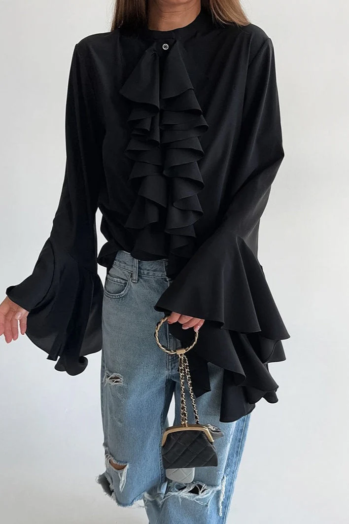 Elegant Ruffle Trim Button Blouse - Image 6