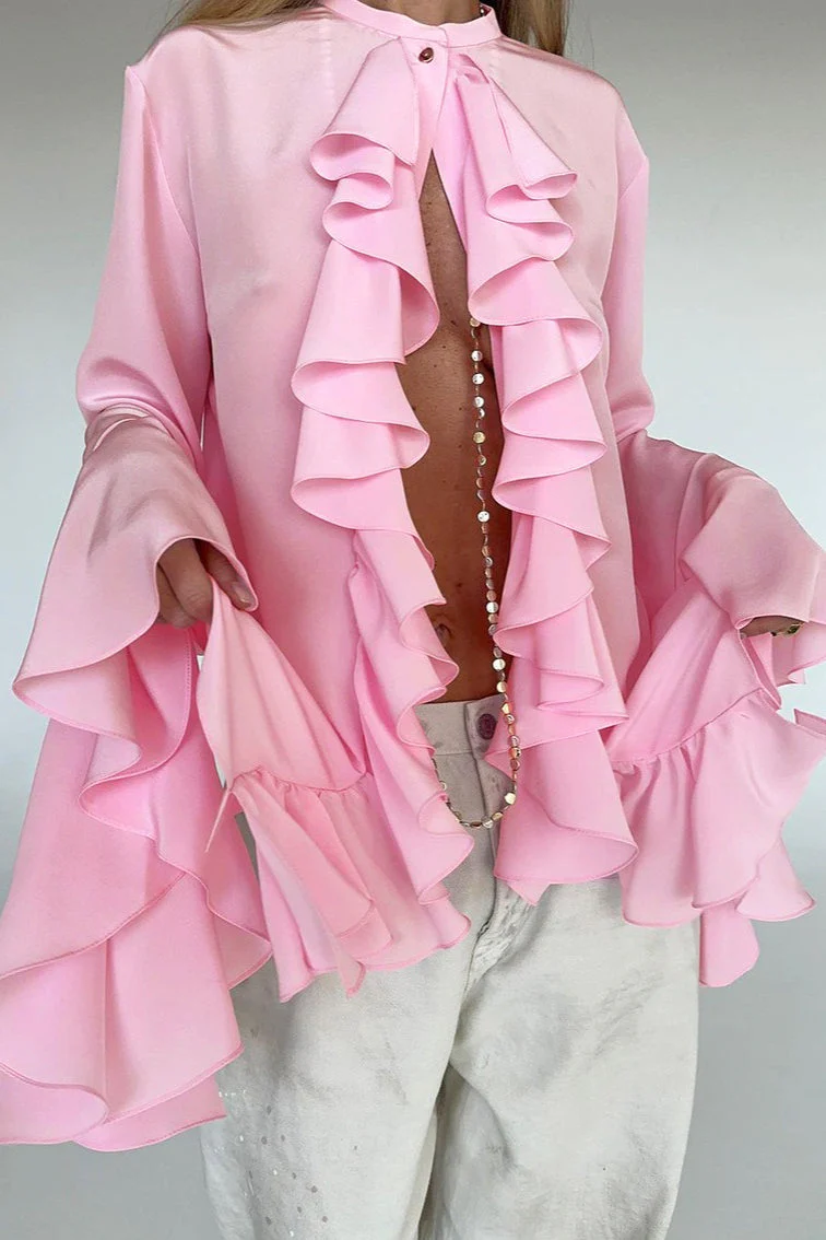 Elegant Ruffle Trim Button Blouse - Image 7