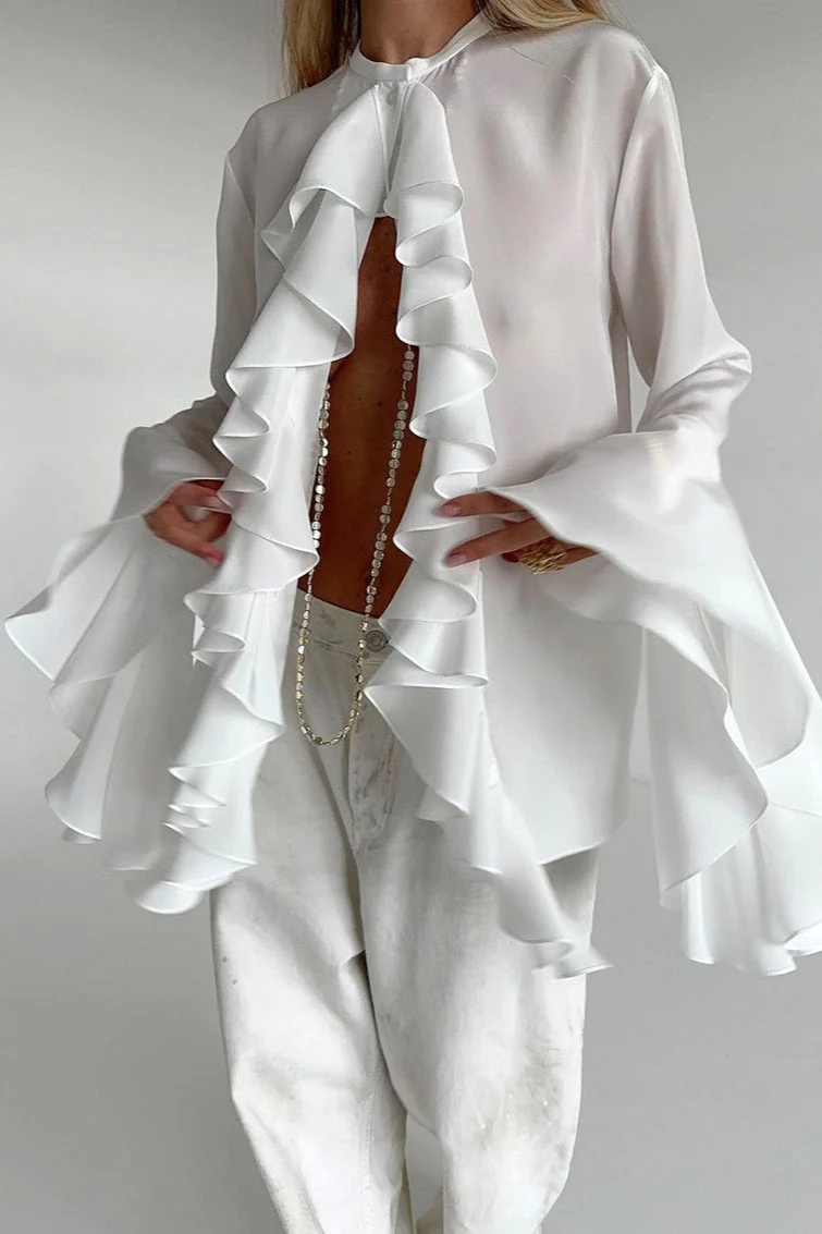 Elegant Ruffle Trim Button Blouse - Image 9