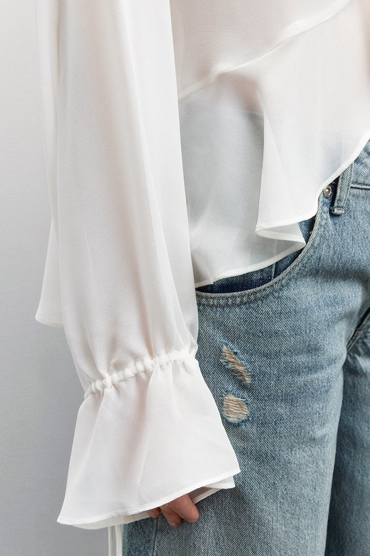 Drawstring Mock Neck Chiffon Blouse - Image 4