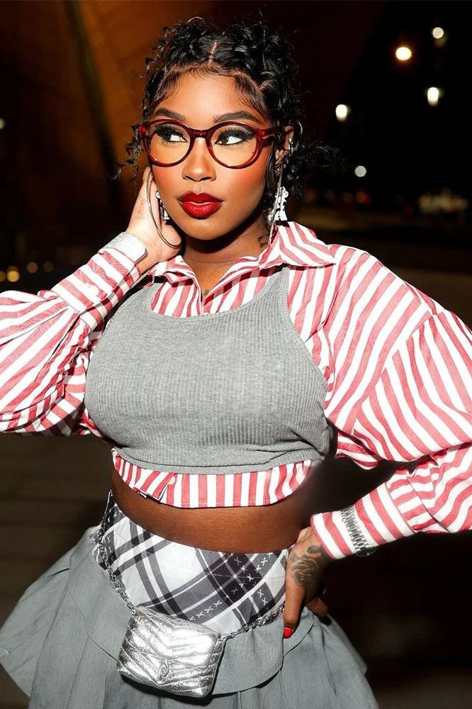 Striped Crop Shirt Two Piece Blouse - Image 3