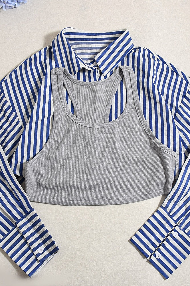 Striped Crop Shirt Two Piece Blouse - Image 4