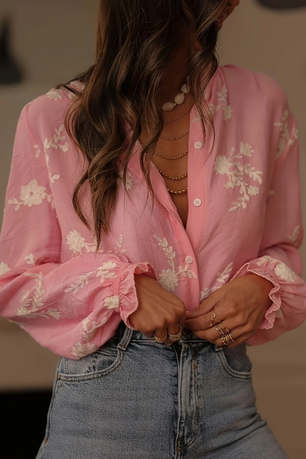 Collared Print Puff Sleeve Blouse - Image 2
