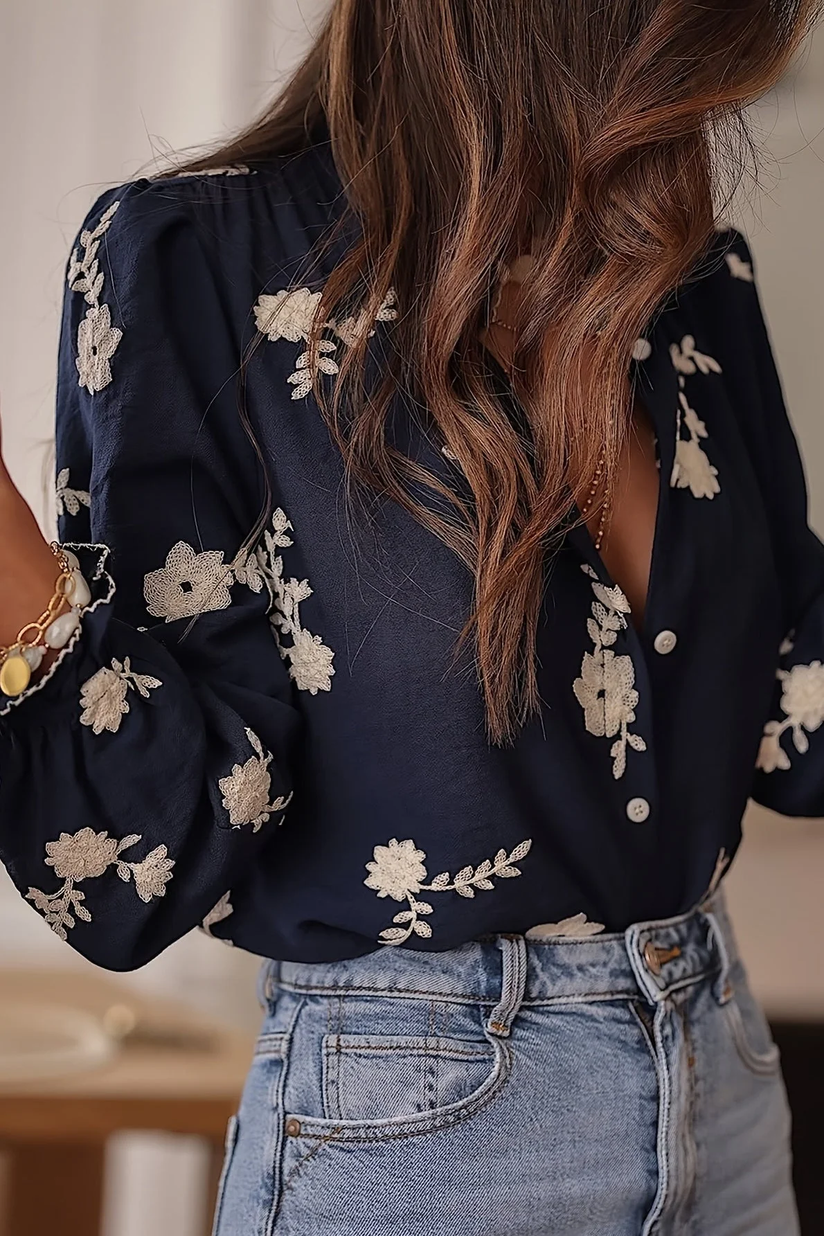 Collared Print Puff Sleeve Blouse - Image 3