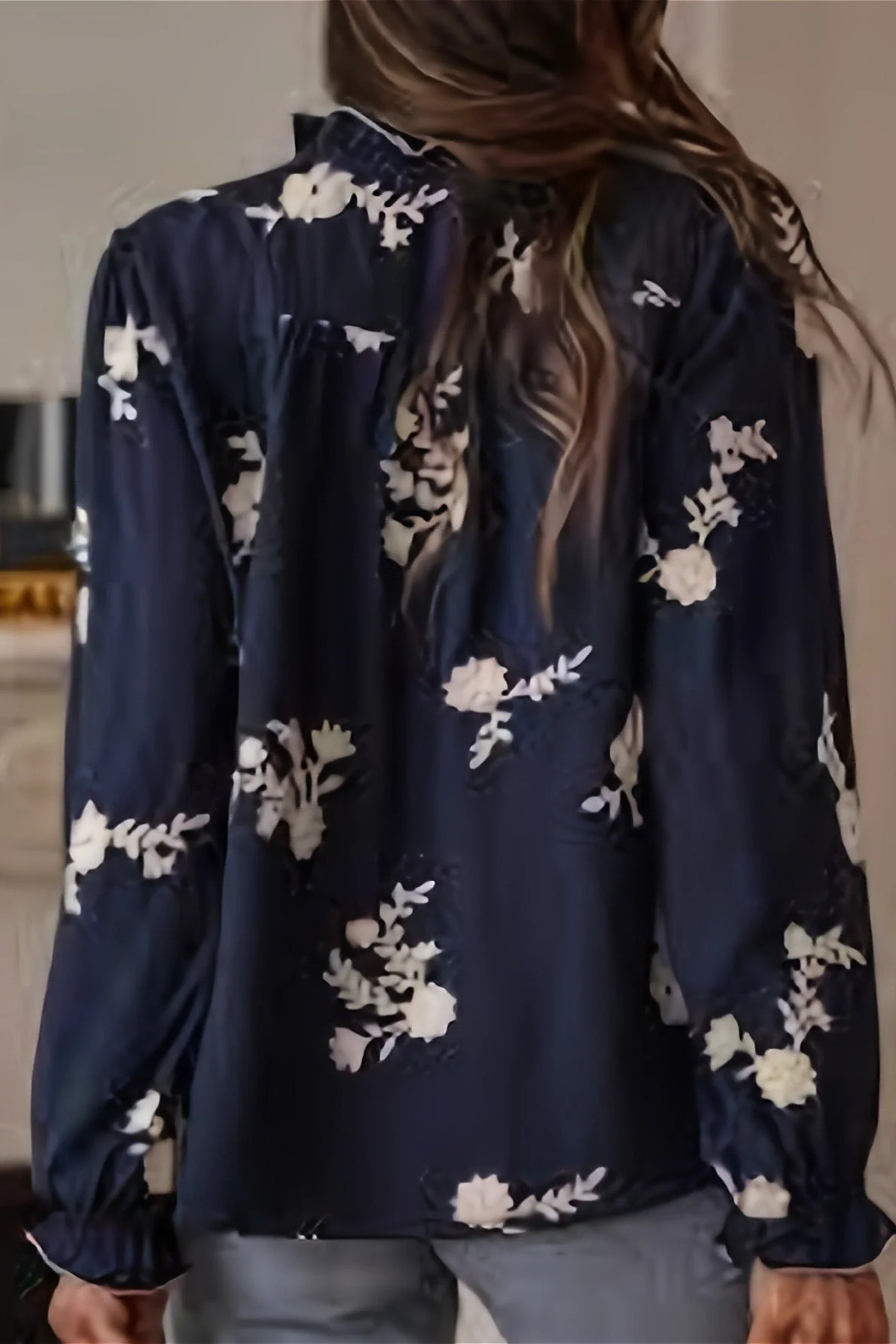 Collared Print Puff Sleeve Blouse - Image 4