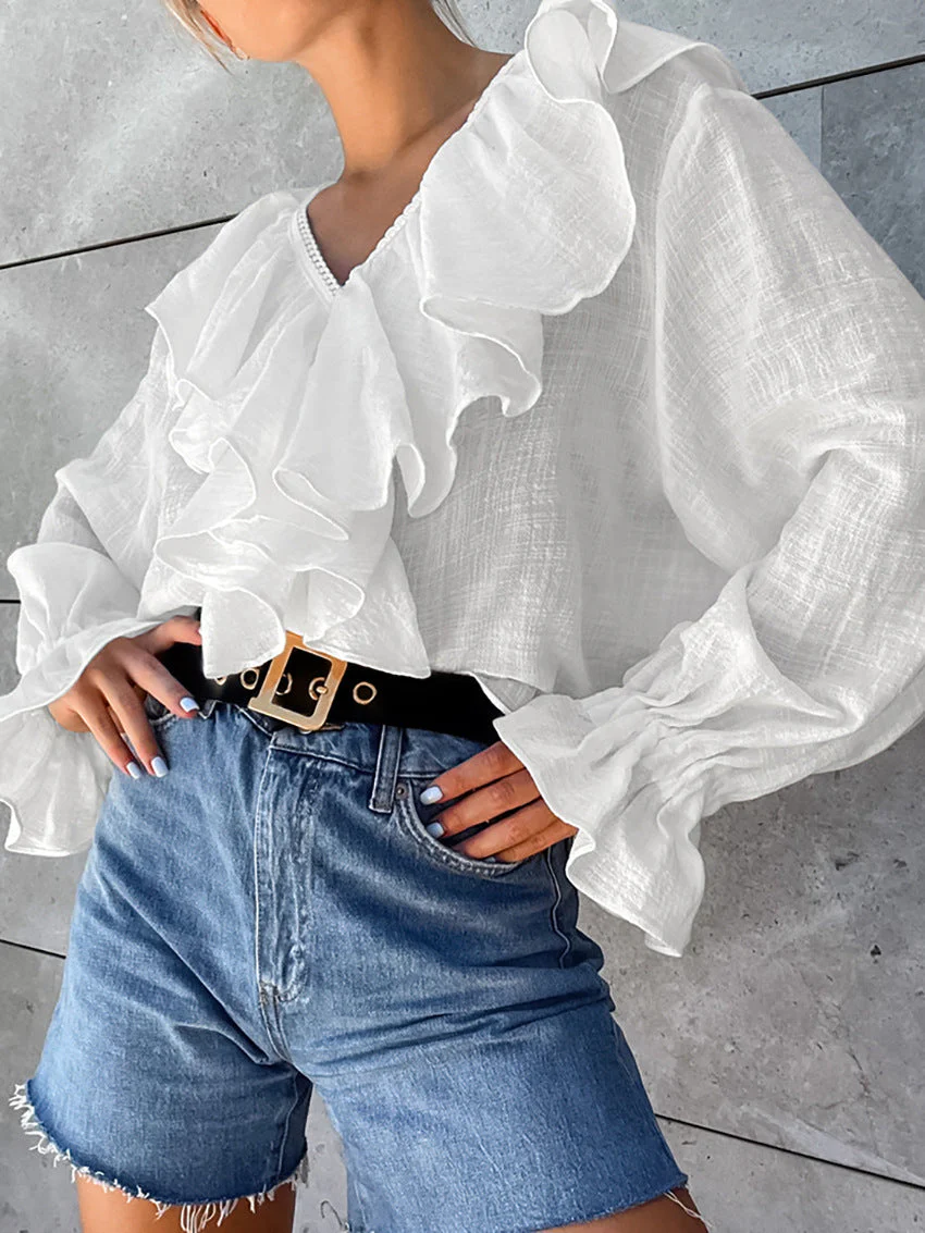 Drop Shoulder Ruffled Cotton Blouse - Image 2