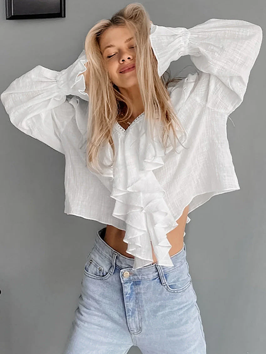 Drop Shoulder Ruffled Cotton Blouse - Image 3