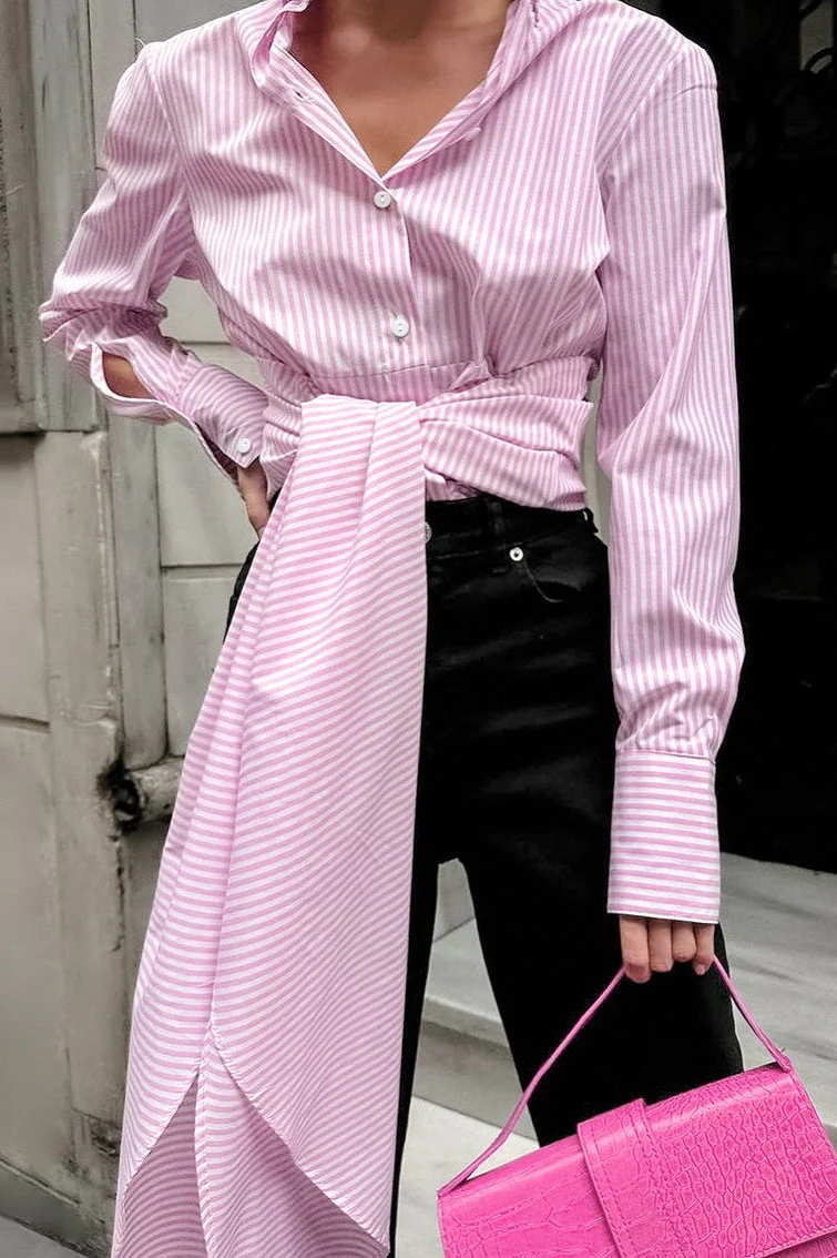Striped Tie Waist Shirt Blouse - Image 2