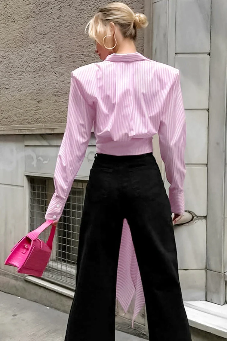Striped Tie Waist Shirt Blouse - Image 3