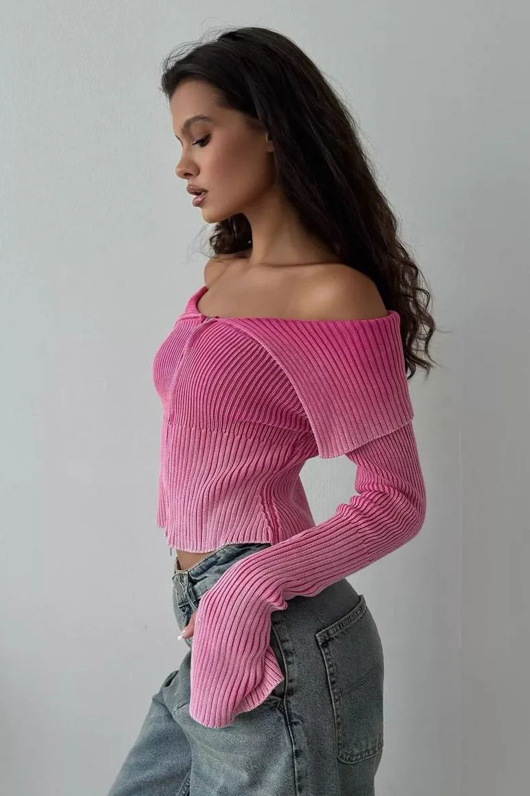 Off Shoulder Zipper Fitted Knit  Blouse - Image 2