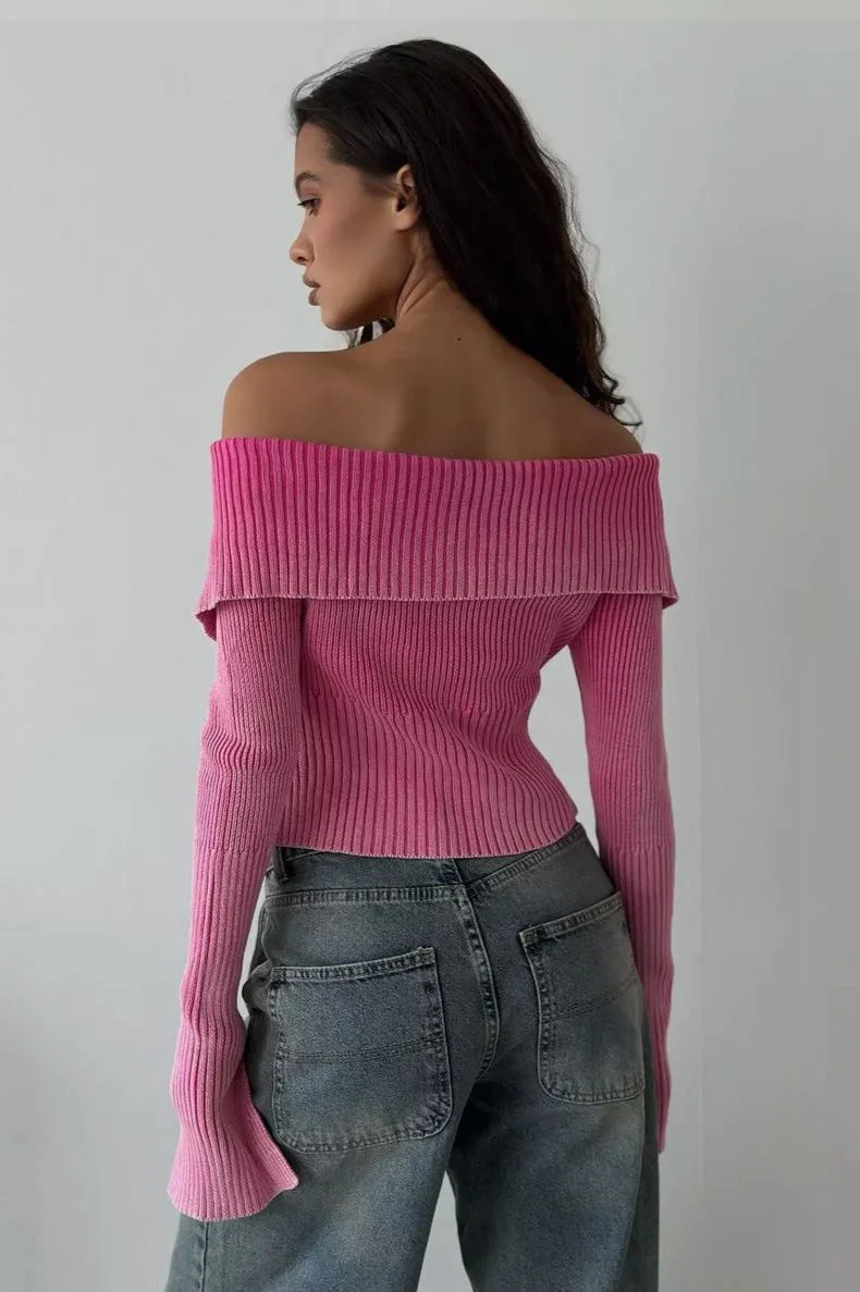Off Shoulder Zipper Fitted Knit  Blouse - Image 3