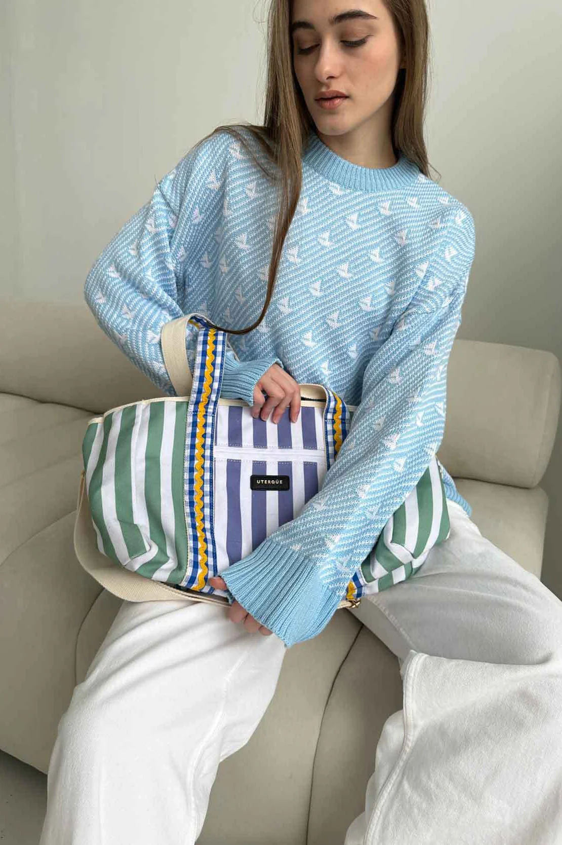 Sailboat Pattern Crew Neck Knit Sweater - Image 2