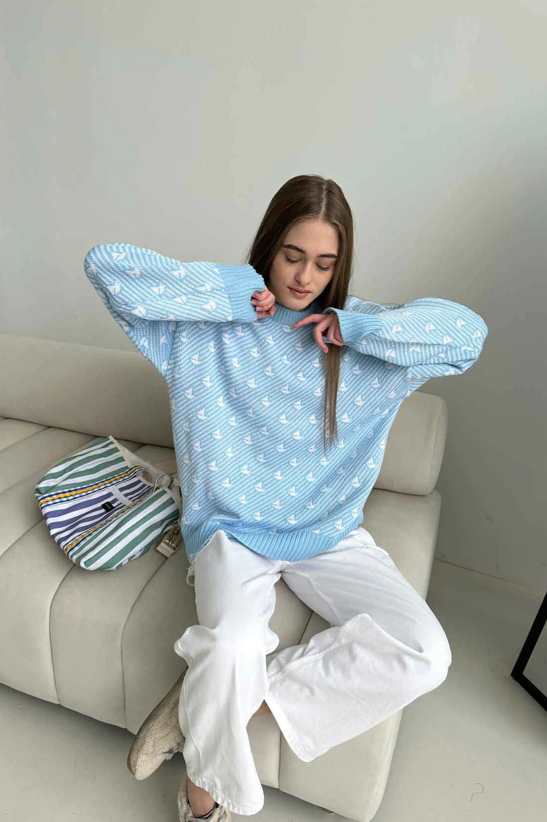 Sailboat Pattern Crew Neck Knit Sweater - Image 3