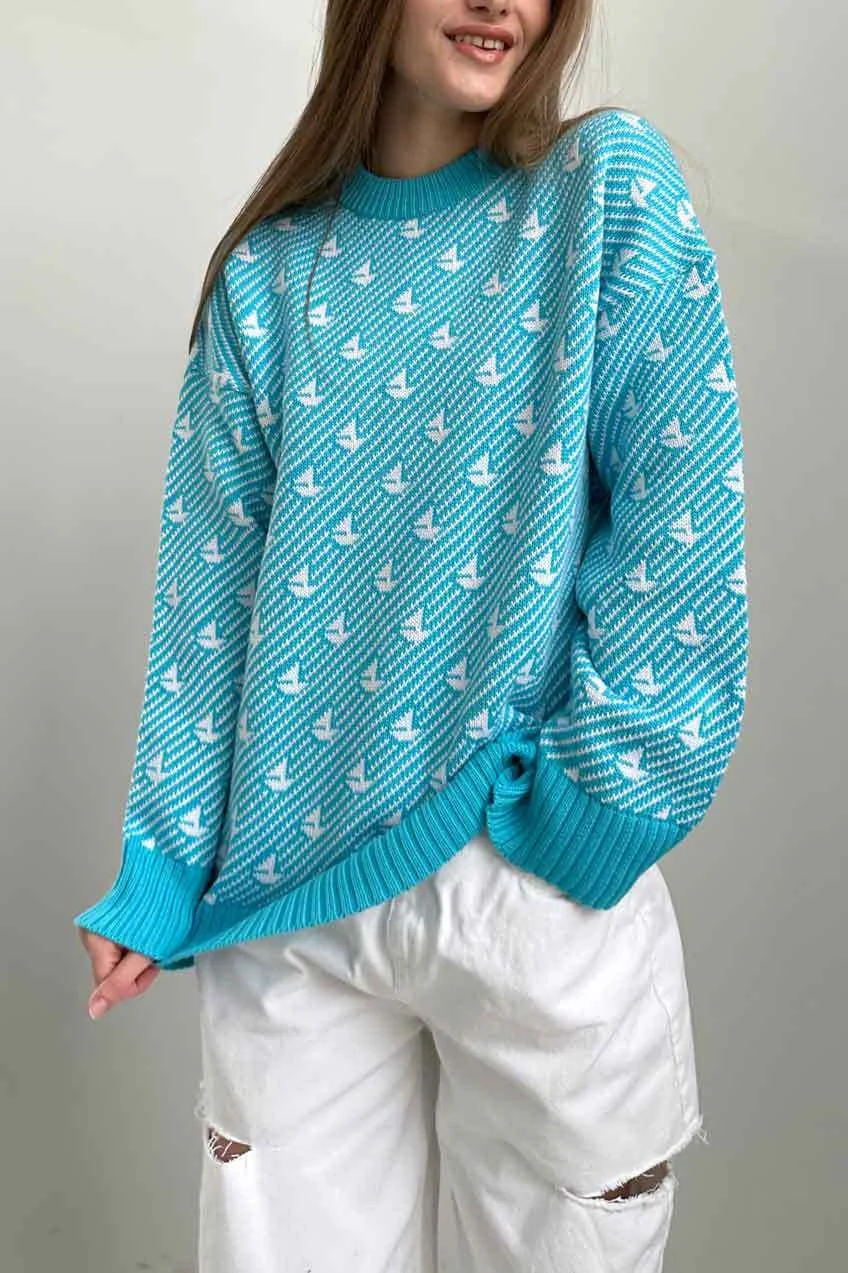 Sailboat Pattern Crew Neck Knit Sweater - Image 9