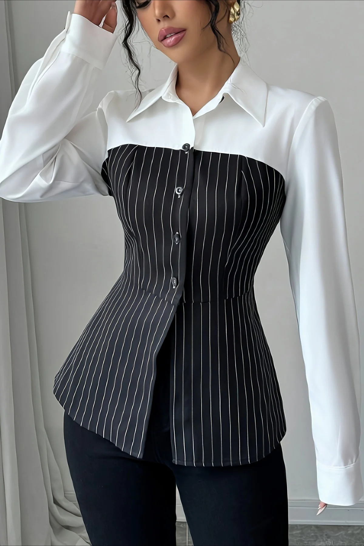Striped Patchwork Button Blouse - Image 2