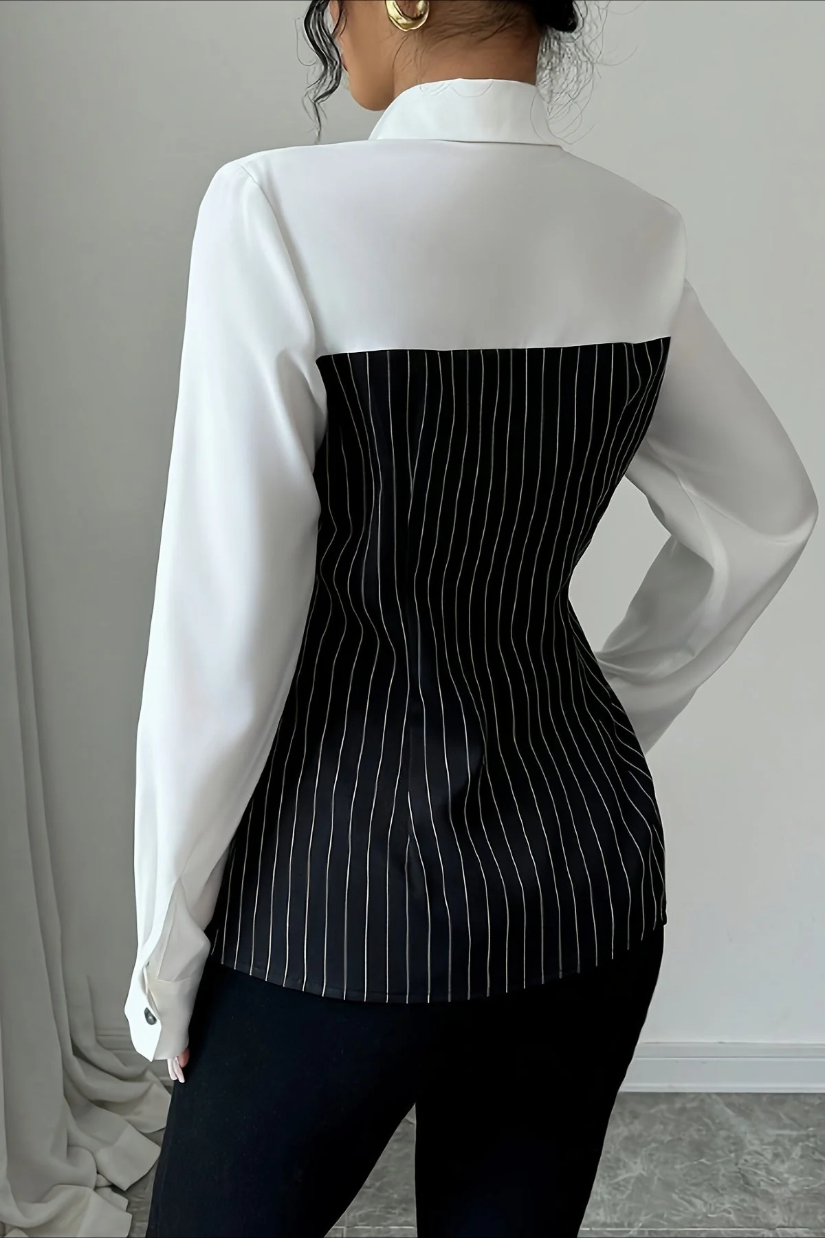 Striped Patchwork Button Blouse - Image 3