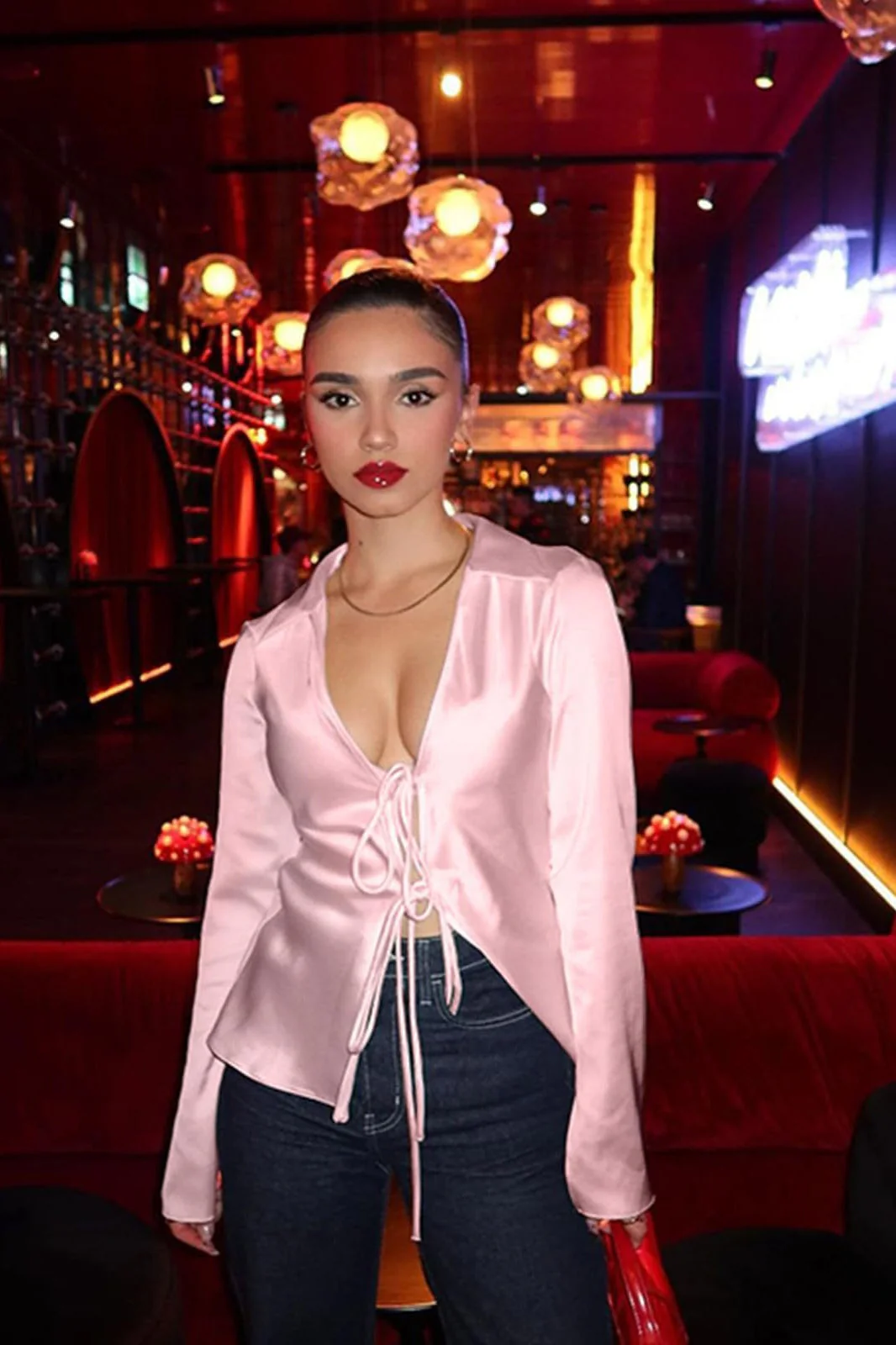 Satin Tie Front Fitted Blouse - Image 10