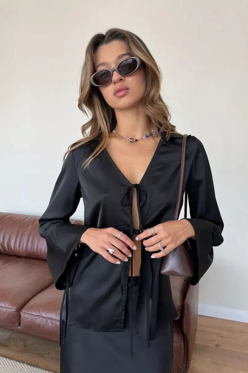 Satin Tie Front Fitted Blouse - Image 4