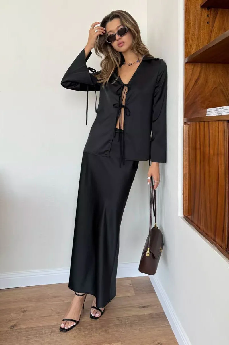 Satin Tie Front Fitted Blouse - Image 5