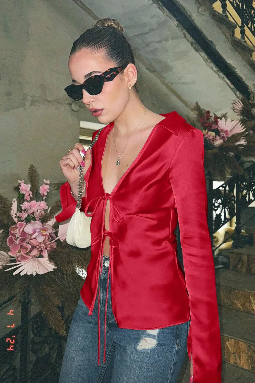 Satin Tie Front Fitted Blouse - Image 6