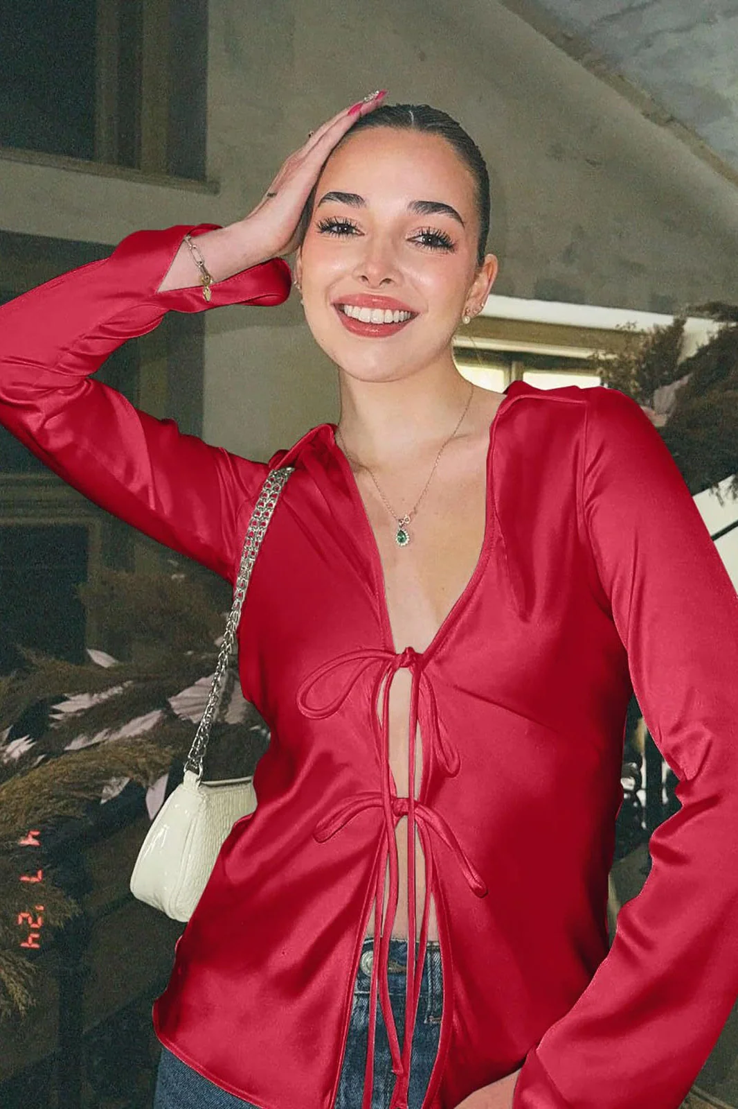 Satin Tie Front Fitted Blouse - Image 7